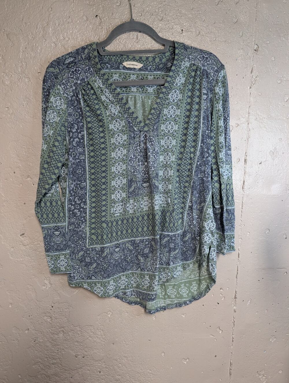 Lucky Brand Sage Blue Bandana Paisley Long Sleeve Top